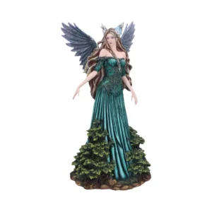 Fairy Goddess Figurine Resin Sculpture Teal Dress Blue Wings A detailed fairy goddess figurine with teal dress and feathered blue wings standing on a forest base.