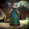 Emerald Fairy Figurine Resin Sculpture - Lavender Wings Forest A graceful fairy statue with green gown and lavender wings standing on a forest stone path.