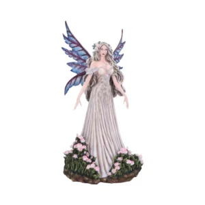 Silver Hair Fairy Figurine Resin Statue - Shimmering Wings A Nemesis Now fairy figurine with shimmering wings, silver hair, and floral base.