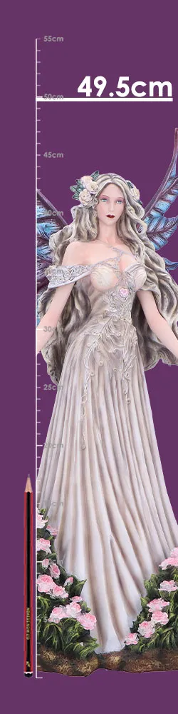 Ivory Fairy Figurine Resin Sculpture - Blue Wings and Roses Ivory fairy figurine with blue wings and pink rose base, approximately 49.5 cm tall.