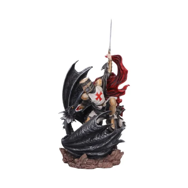Knight Templar Figurine Resin Statue Black Dragon Battle Scene A crusader knight battling a black dragon figurine on a rocky base with flowing red cape.