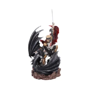 Knight and Dragon Battle Figurine Statue - Metallic Armor Detail A detailed figurine of a knight battling a black dragon on rocky terrain.