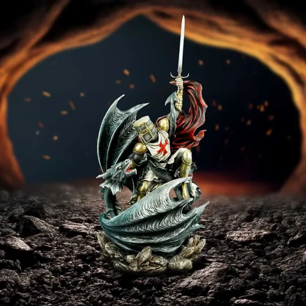 Golden Knight Metal Artwork - Fiery Cave Battle With Dragon A golden-armored knight battles a dark dragon inside a fiery cave.
