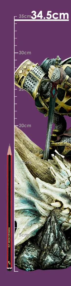 Golden Knight Figurine Resin Statue - Dragon Skull Base Display Golden armored knight figurine standing over a dragon skull with height scale and pencil for size comparison.