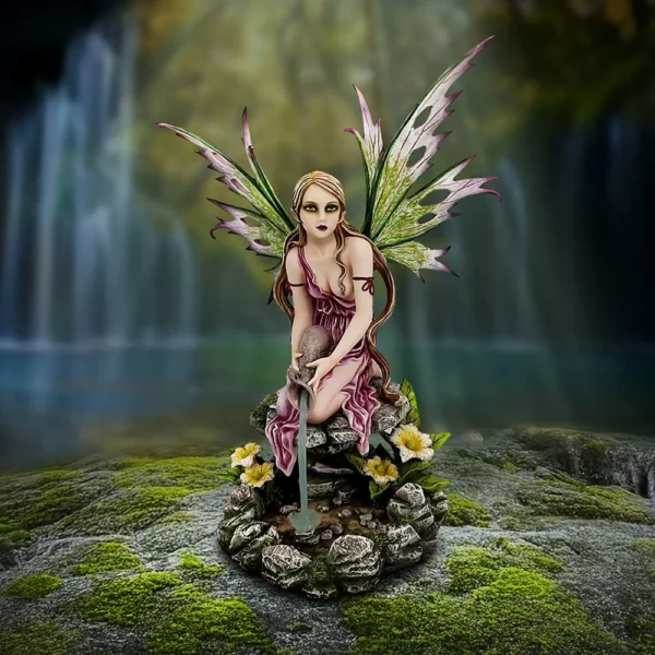A fairy in a rose gown pours water beside mossy rocks and a small forest pool.