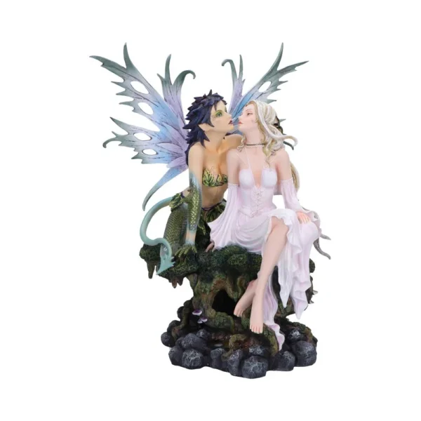 Fairy Lovers Figurine Resin Sculpture - Light and Dark Wings Two fairies embracing on a forest base, one light-haired and one dark-haired with iridescent wings.