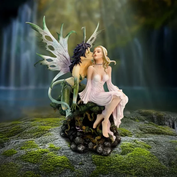 Fantasy Fairy Sculpture Resin Art - Dragon and Human Harmony Officially Licensed Merchandise Kiss Of Fate: Two fantasy female figures seated on mossy rock near waterfall, one dragon-like and one human.