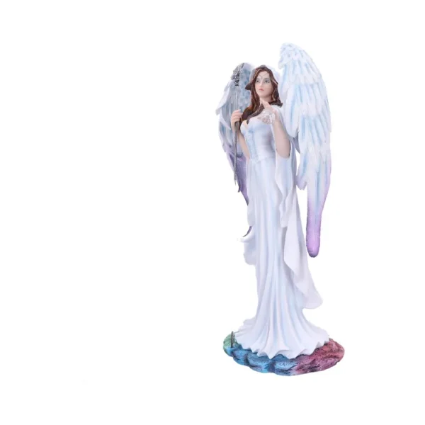 Angelic Figurine Resin Statue White Gown - Blue Lavender Wings A graceful angel statue with white wings fading to blue and lavender, wearing a flowing white gown.