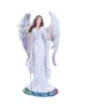 Angelic Woman Figurine Resin Sculpture - White Gown Blue Wings An elegant angel figurine with white gown, crystal sphere, and blue-purple wings on a colorful base.