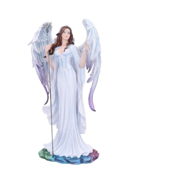 Angelic Woman Figurine Resin Sculpture - White Gown Blue Wings An elegant angel figurine with white gown, crystal sphere, and blue-purple wings on a colorful base.