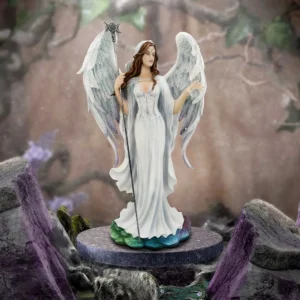 An elegant angel figurine with white wings holding a crystal orb and staff on a glowing pedestal.