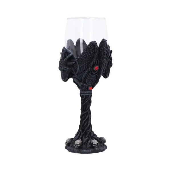 Gothic Fantasy Goblet Black Resin Cup - Goat Heads and Skulls Gothic fantasy goblet with black resin goat heads, red gems, wings, and skull-accented base.