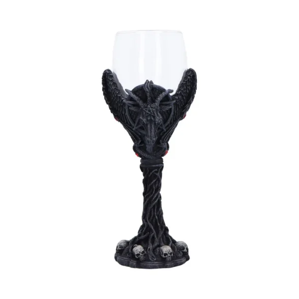 Gothic Baphomet Goblet Resin Base Black - Horns and Skulls A gothic black goblet with a glass cup, Baphomet design, horns, wings, and skull base.