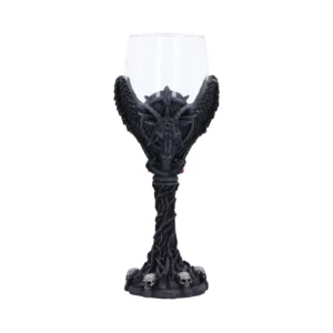Gothic Baphomet Goblet Black Resin Chalice - Horns and Skulls A gothic goblet with a Baphomet design, black resin base, horns, wings, and skull details.