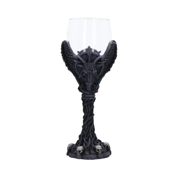 Gothic Baphomet Goblet Black Resin Chalice - Horns and Skulls A gothic goblet with a Baphomet design, black resin base, horns, wings, and skull details.