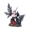 Dark Fairy Figurine Resin Statue - Crimson Dress With Dragon A gothic dark fairy figurine kneeling beside a small black dragon on a rocky base.