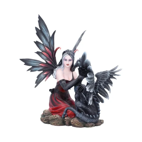 Dark Fairy Figurine Resin Statue - Crimson Dress With Dragon A gothic dark fairy figurine kneeling beside a small black dragon on a rocky base.