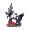 Dark Fairy And Dragon Figurine Statue - Gothic Red Black Design Dark fairy kneeling with small black dragon on rocky base, gothic fantasy figurine display.