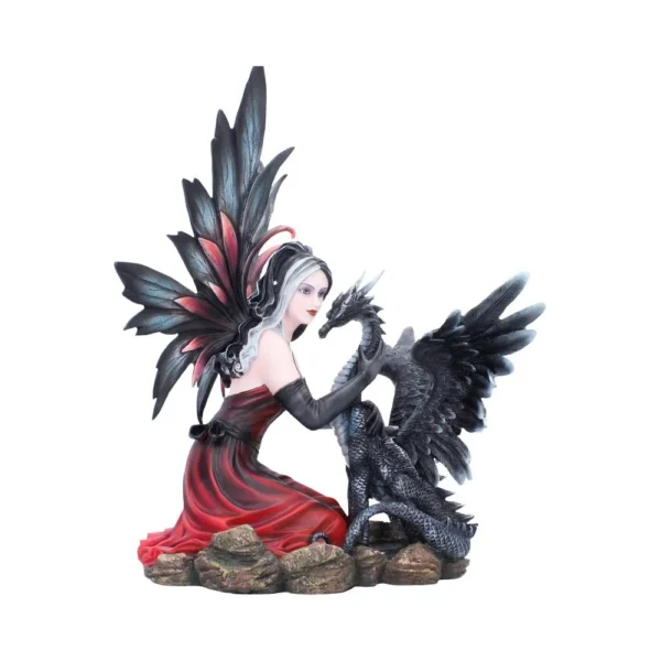Dark Fairy And Dragon Figurine Statue - Gothic Red Black Design Dark fairy kneeling with small black dragon on rocky base, gothic fantasy figurine display.