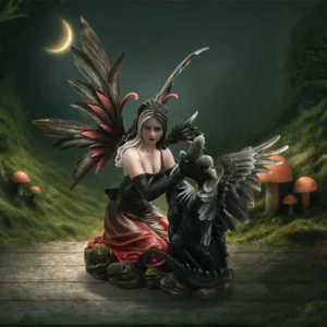 Gothic Fairy Canvas Art Black Crimson - Embracing Dragon Wings A gothic fairy kneels in a twilight forest, gently holding a small black dragon.