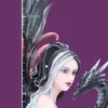 Dark Fairy Woman Figurine Resin Statue - Red Gown With Dragon Dark fairy woman figurine holding a silver dragon beside a pencil and height ruler for scale.