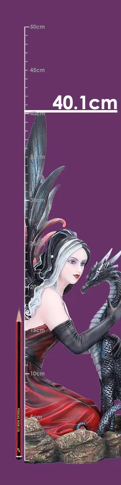 Dark Fairy Woman Figurine Resin Statue - Red Gown With Dragon Dark fairy woman figurine holding a silver dragon beside a pencil and height ruler for scale.