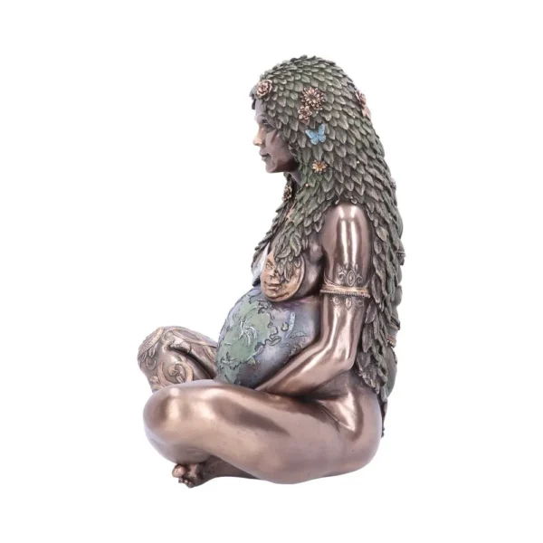 Bronze Gaia sculpture of pregnant woman with Earth belly and leafy hair symbolizing Mother Nature.