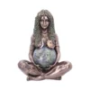 Bronze Mother Earth sculpture holding a globe, with leafy hair and nature-inspired details.