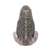 Bronze nature goddess sculpture with leafy hair and floral adornments in a seated meditative pose.