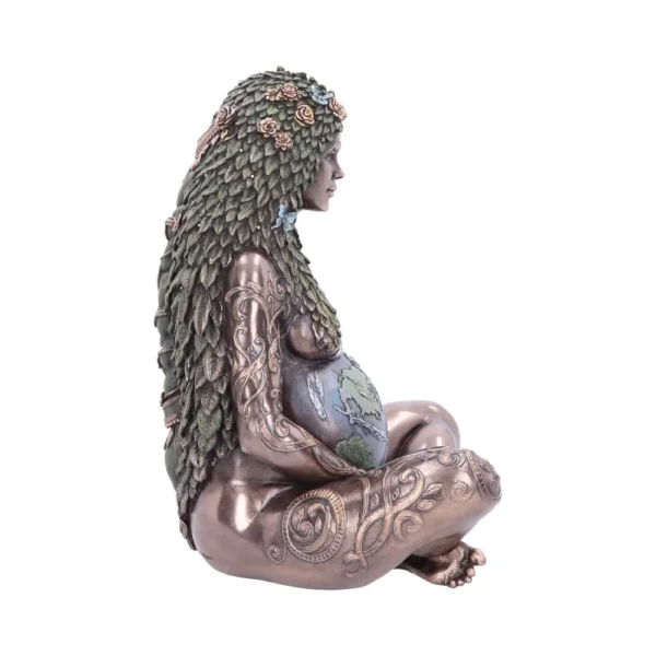 Bronze Mother Earth sculpture with leafy hair and globe belly symbolizing nature and creation