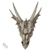 Dragon Skull Sculpture Resin Off-White - Horned Fantasy Design Fantasy dragon skull sculpture with curved horns, aged bone texture, and intricate mythical detailing.