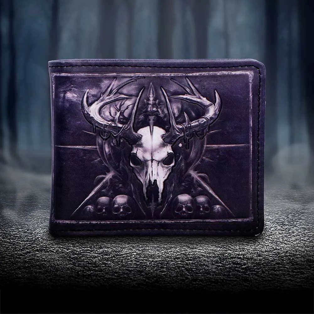 Gothic Leather Wallet Black With Deer Skull And Antlers Design Gothic black leather wallet with embossed deer skull, antlers, and dark forest aesthetic.