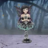 Gothic Fairy Figurine Resin Statue Black Teal - Crystal Orb Gothic fairy figurine with black and purple wings holding a glowing crystal orb in misty forest.