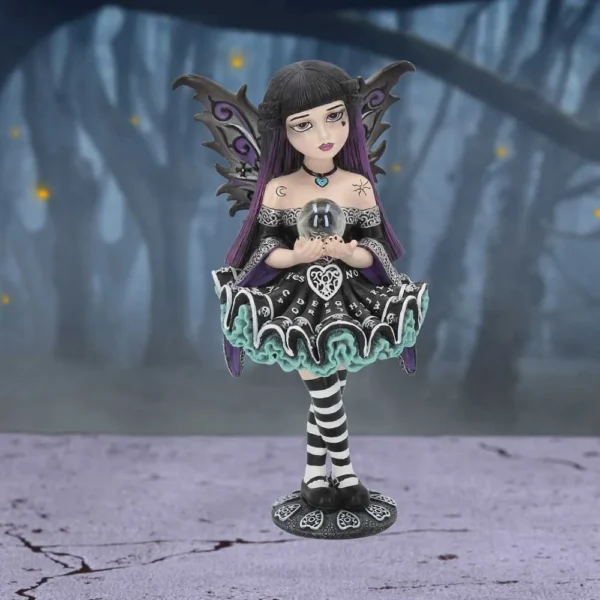 Gothic Fairy Figurine Resin Statue Black Teal - Crystal Orb Gothic fairy figurine with black and purple wings holding a glowing crystal orb in misty forest.