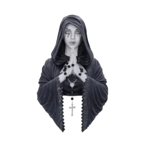 Gothic Praying Woman Statue Resin Black Hooded Silver Rosary Gothic gifts for gothic friends - black hooded praying woman statue with silver rosary and metallic tear details