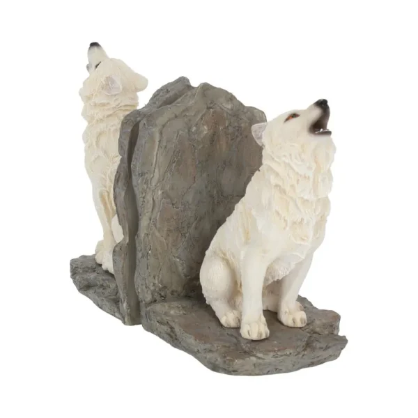 White Wolf Bookends Resin Sculpture - Realistic Howling Design Two white howling wolf bookends separated by a rocky divider, lifelike and detailed. The-Hidden-Hatch