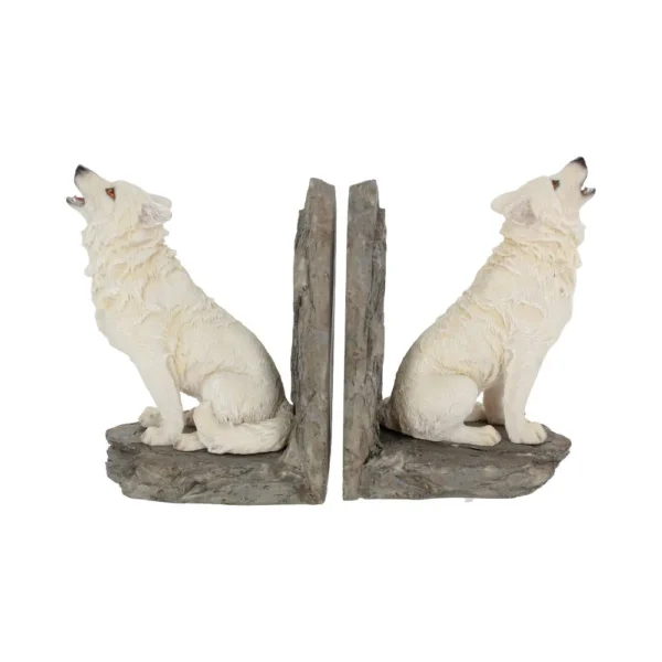 White Wolf Bookends Resin Sculpture – Howling Rustic Decor Two white howling wolf bookends on rocky bases for rustic home decor The-Hidden-Hatch