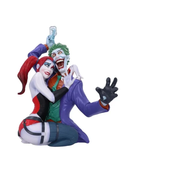 Harley Quinn And Joker Resin Statue - Red Black Comic Display Harley Quinn and Joker resin statue in vibrant comic-style colors, showcasing their playful chaotic pose.