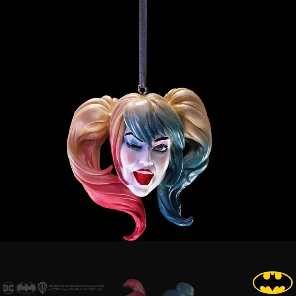 Harley Quinn Resin Ornament Red Blue Pigtails - Hanging Design Harley Quinn resin ornament head with red and blue pigtails hanging on black ribbon.
