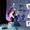Joker And Harley Quinn Resin Figurine Purple Chaos Display The Joker and Harley Quinn figurine kneeling together amid purple lighting and scattered playing cards.