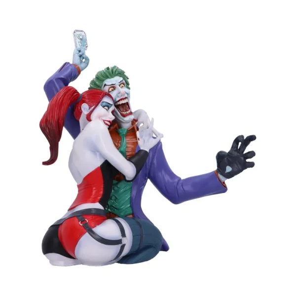 Harley Quinn And Joker Resin Statue - Purple Red Embrace Harley Quinn and Joker resin statue in colorful embrace, showcasing vivid comic-style detail.