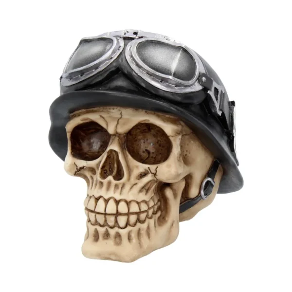 Biker Skull Sculpture Resin Beige With Black Helmet And Goggles A beige human skull wearing a black biker helmet with silver aviator goggles on top.