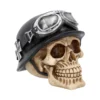 Skull Sculpture Resin Black Helmet - Silver Aviator Goggles A realistic skull sculpture wearing a black military helmet and silver aviator goggles.
