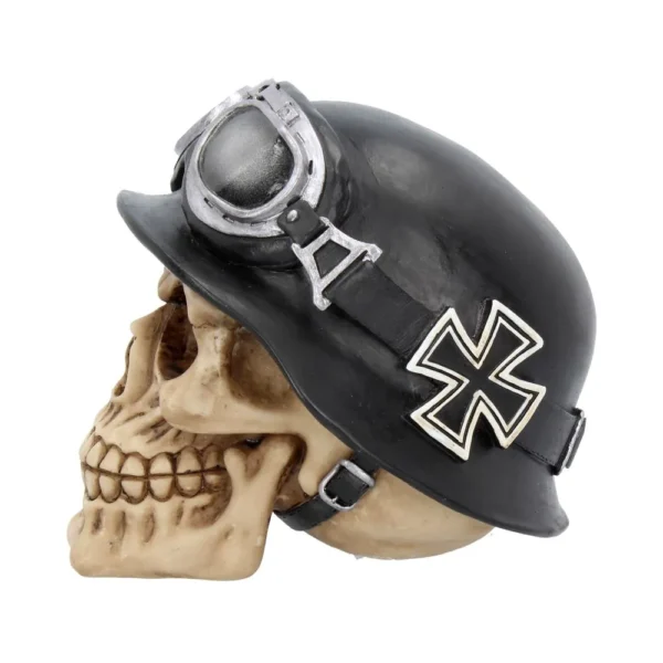 Human Skull Sculpture Resin Beige Black Helmet Iron Cross A beige human skull wearing a black military helmet with silver goggles and an Iron Cross.