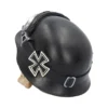 WWII-Style Skull Sculpture Resin Helmet Black With Iron Cross Black WWII-style helmet with silver Iron Cross resting atop a realistic human skull sculpture.