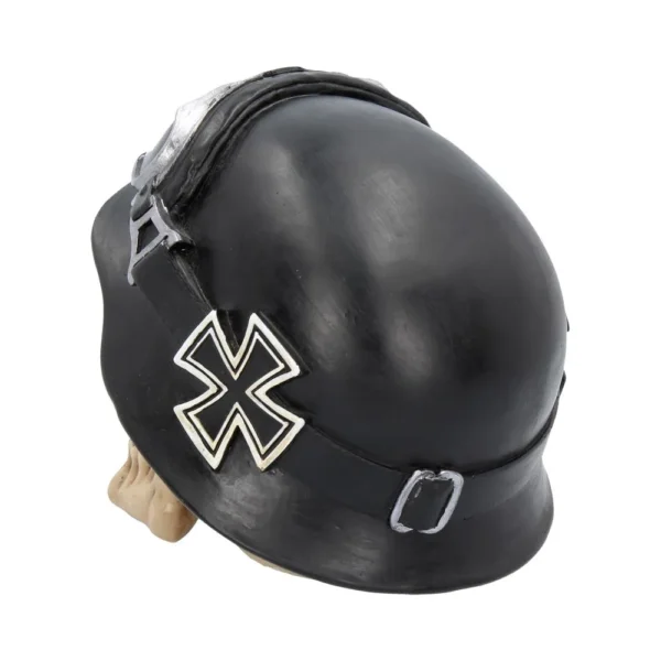 WWII-Style Skull Sculpture Resin Helmet Black With Iron Cross Black WWII-style helmet with silver Iron Cross resting atop a realistic human skull sculpture.