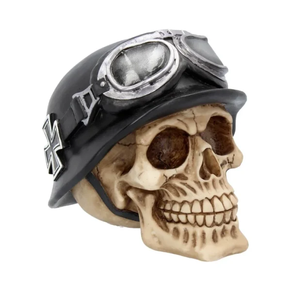 Skull Sculpture Resin Black Helmet - Silver Aviator Goggles A realistic skull sculpture wearing a black military helmet and silver aviator goggles.