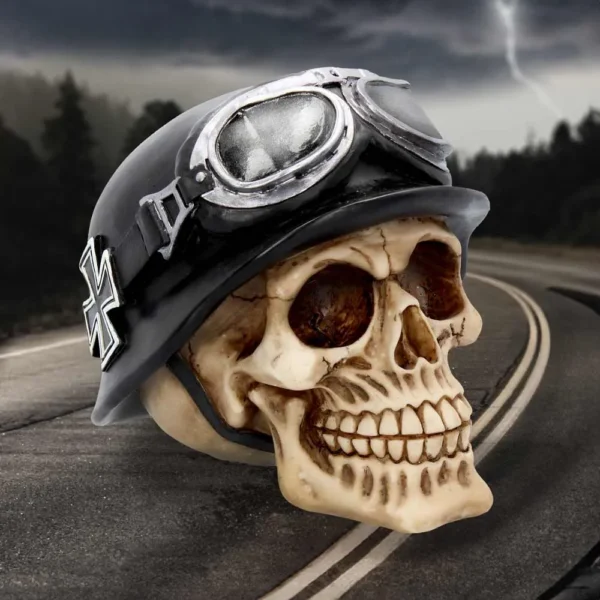 Motorcycle Skull Helmet Black - Stormy Road Gothic Décor A human skull wearing a black motorcycle helmet with goggles on a deserted stormy road.