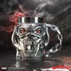 Motörhead Snaggletooth Metal Mug Chrome Finish - Chain Handle Fandom Gifts. Chrome Motörhead Snaggletooth mug with chain handle and smoky red background, official licensed collectible.
