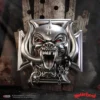 Motörhead War-Pig Emblem Chrome Metal Silver - Red Eyes Chrome Motörhead War-Pig emblem with red eyes, chains, and Iron Cross on dark background.